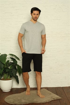 Moda Çizgi Erkek Gri V Yaka 3'lü Pijama Takım 6822