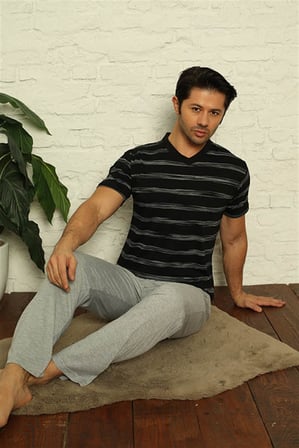 Moda Çizgi Erkek Siyah V Yaka 3'lü Pijama Takım 6822
