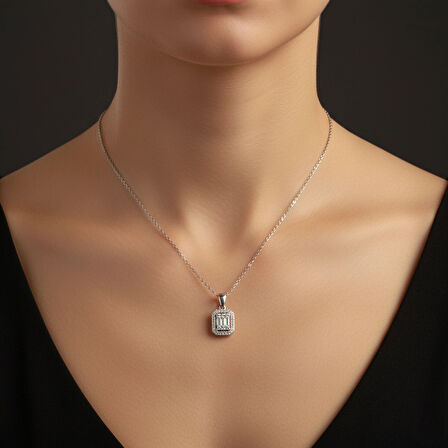 Modahilye - 925 Ayar Gümüş Baget Taşlı Tektaş Kolye 