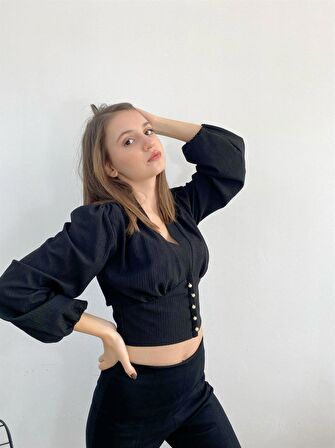 Siyah Crop Top Bluz Gömlek Tasarım Hediye Büyük Beden Bayramlık