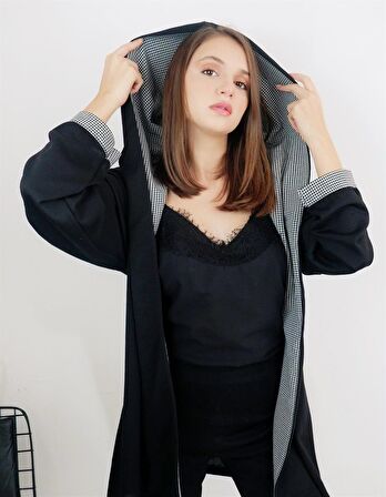 Ekose Detaylı Triko Hırka Tasarım Hediye Büyük Beden Tesettür Bayramlık