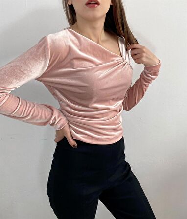 Pembe Kadife Büzgülü Bluz Hediye Bayramlık