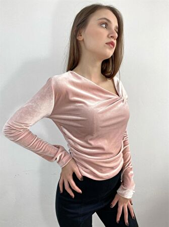 Pembe Kadife Büzgülü Bluz Hediye Bayramlık