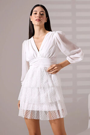 Fırfırlı Beyaz Ponpon Tül Büzgülü Mini Abiye Nikah Elbise Tasarım Hediye Büyük Beden