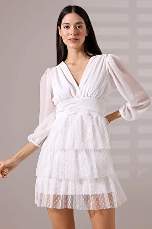 Fırfırlı Beyaz Ponpon Tül Büzgülü Mini Abiye Nikah Elbise Tasarım Hediye Büyük Beden