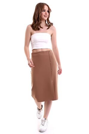 Kahverengi Yırtmaçlı Kuş Gözü Detaylı Midi Kalem Etek Tasarım Hediye Büyük Beden Bayramlık