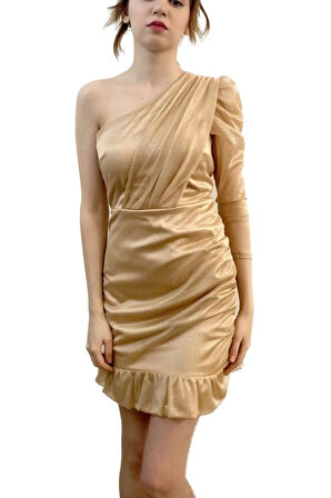 Simli Bej Etek Ucu Fırfırlı Tek Kol Mini Kadın Abiye Nikah Elbise Hediye Büyük Beden