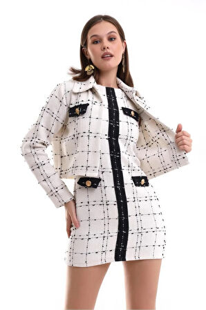 Beyaz-siyah Tüvit Takım Kareli Şanel Kumaş Gold Düğme Elbise-ceket Tasarım Hediye Büyük Beden