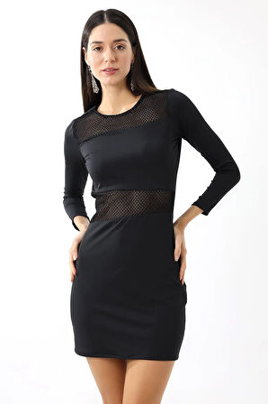 Siyah File Detaylı Esnek Dar Göbek Dekolteli Mini Elbise Tasarım Hediye Büyük Beden