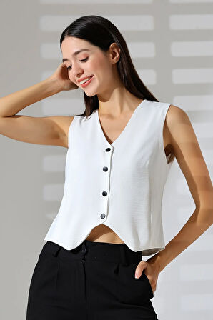 Beyaz Aerobin Siyah Düğme Çıt Çıt Kapama V Yaka Yelek Tasarım Hediye Büyük Beden