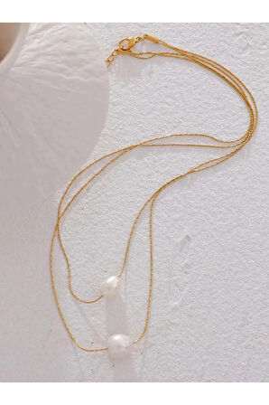 Gold Renk İkili İnci Detaylı Kolye Seti | Kararmayan Çelik Takı