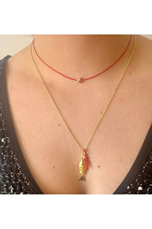 Oynar Çelik Şans Balığı ve Kırmızı İp Yıldız Kolye Seti