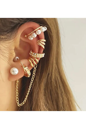 Çelik Çoklu Charm Kıkırdak Küpe Seti Altın Kaplama