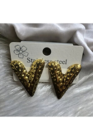 Gold Renk Paslanmaz Çelik Kabartmalı V Form Küpe Kalp Esintili