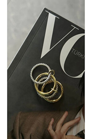 Çelik 4'lü Halkalı Altın Kaplama Tasarım Zirkon Taşlı Yüzük