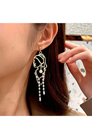 İnci Küpeli Kız Altın Kaplama İnci Detaylı Çelik Küpe