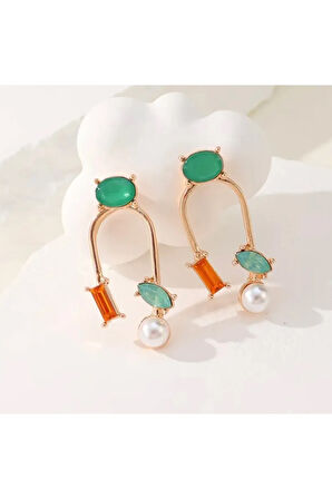 Geometrik Taşlı Ve İncili Çelik Küpe