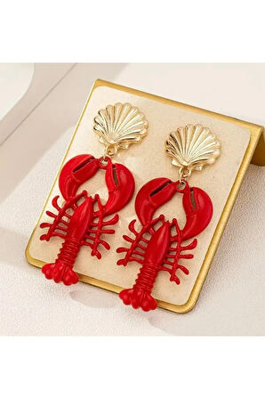 Kırmızı Istakoz Ve Gold Detaylı Kabuk Sallantılı Küpeler