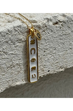 Beyaz Şans Plakası Kolye Harf Seçeneğiyle