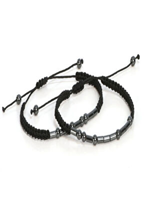 Mors Alfabesi Makrome Hematit Çift Bilekliği Kişiye Özel 2'li