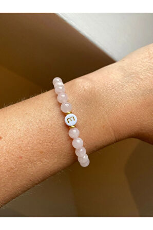 Saf Aşk Pembe Kuvars Kişiselleştirilmiş Harfli Bileklik