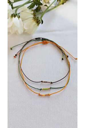 3'Lü Minimal Halhal Turuncu, yeşil, Kahverengi İpli Miyuki boncuklu