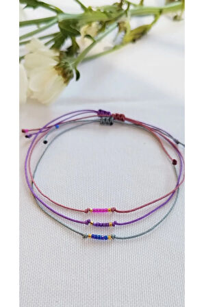 3'Lü Minimal Halhal Pembe, Mor, Mavi İpli Miyuki boncuklu