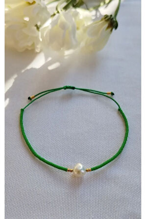 Miyuki Dizi Tek Sıra Yeşil Minimal Bileklik, Gerçek Tatlı Su Incili (ZEYTİN AĞACI BİLEKLİĞİ)
