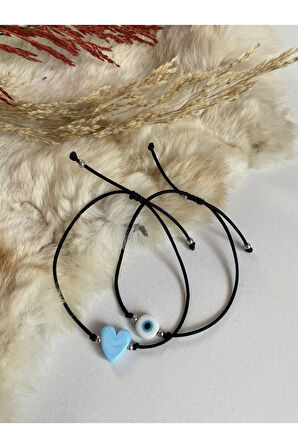 2’li Mavi Murano Cam Nazar Boncuğu Kalp Bileklik