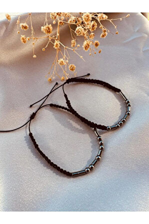 Hematit Doğal Taşlı Mors Alfabesi Bileklik Hediye Çift Bileklik