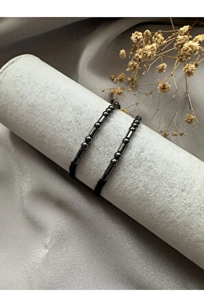 Hematit Doğal Taşlı Mors Alfabesi Bileklik Hediye Çift Bileklik