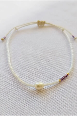 Miyuki Tek Sıra Beyaz ve Bakır Renkli İncili Bileklik