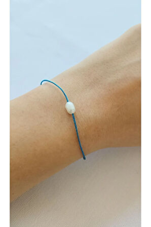 Tek İncili Minimal Mavi Simli İp Bileklik (İncecik)