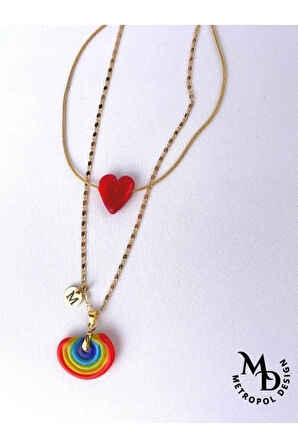 Murano Harfli Gökkuşağı Ve Kalp Kolye