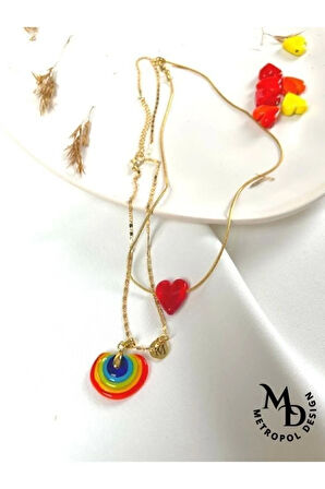 Murano Harfli Gökkuşağı Ve Kalp Kolye