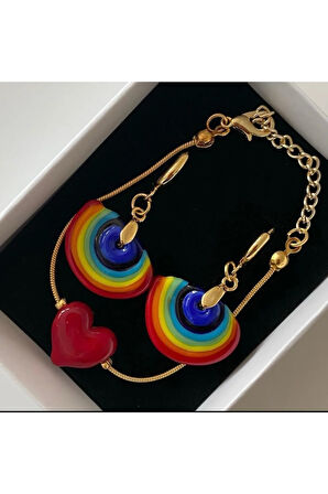 Murano Gökkuşağı Küpe Kırmızı Kalp Kolye Seti