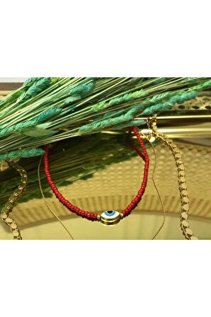 Kırmızı Altın Kaplama Mineli Göz Kolye