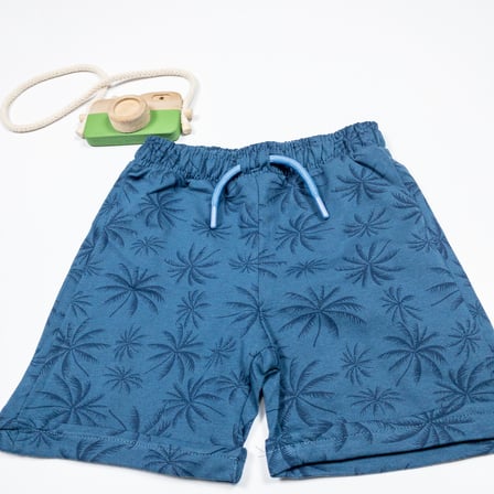 Momikon Unisex Palmiye Desenli Pamuklu Indigo Şort