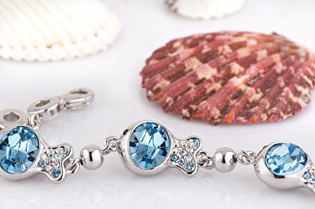  Mavi Swarovski® Taşlı Balıklı Bileklik (Altın Kaplama)