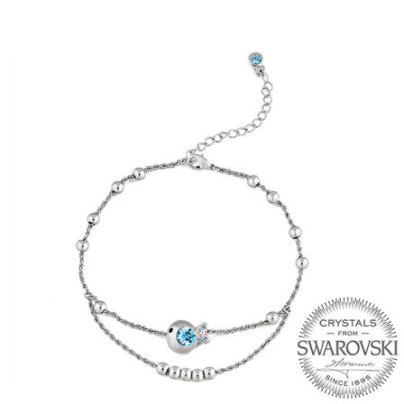 Mavi Swarovski® Taşlı Balıklı İnce Halhal (Altın Kaplama)