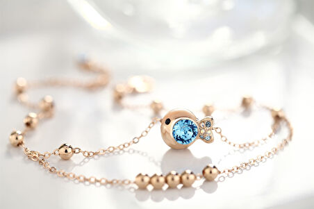 Mavi Swarovski® Taşlı Rose  Balıklı İnce Halhal (Altın Kaplama)
