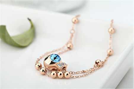 Mavi Swarovski® Taşlı Rose  Balıklı İnce Halhal (Altın Kaplama)