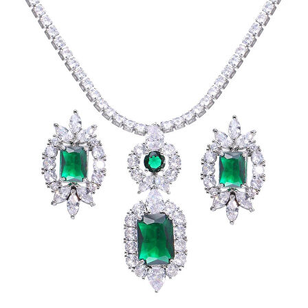 Monemel Kristal Yeşil Abiye  Kolye ve Kupe Set (Altın Kaplama)