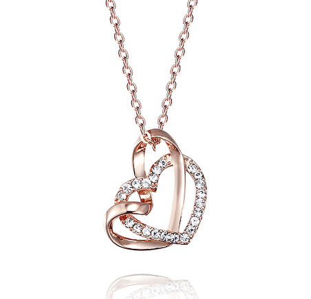 Monemel Kristal Taşlı Çift Kalp Rose Gold Kolye (Altın Kaplama)