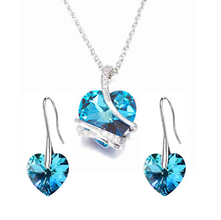 Monemel Kristal Taşlı Mavi Kalp Kolye ve Kupe Set (Altın Kaplama)
