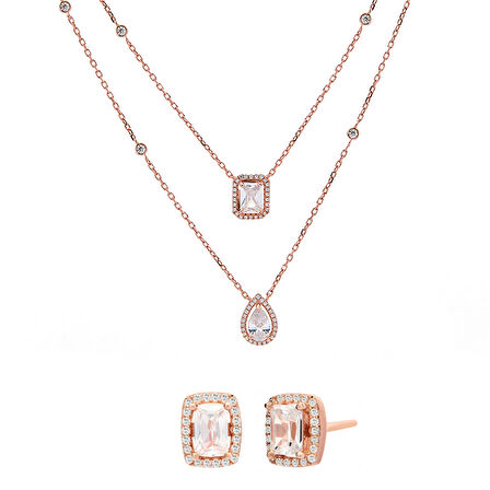 Monemel Swarovski Taşlı Rose Gold Gümüş Baget Çiftli Kolye ve Küpe Set (Altın Kaplama)