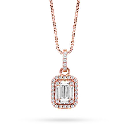 Monemel Kristal Taşlı Rose Gold Gümüş Baget Kolye (Altın Kaplama)