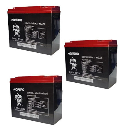 MONERO 12V-20 AMPER DİK  E-BIKE AKÜ 3'LÜ PAKET 24 amper ebatlarında EBATLAR: 180 x 78 x 170mm 