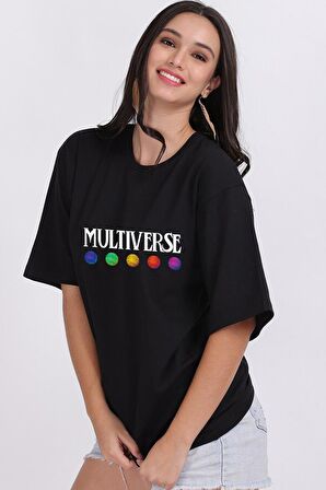 Multiverse Unisex Siyah Oversize T-Shirt - Özgün Baskı ve Geniş Kesim