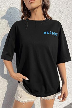 Dragon Unisex Siyah Oversize T-Shirt - Özgün Baskı ve Geniş Kesim